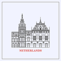 Amsterdam Central Station Clock Tower.Amsterdam buildings skyline. Flat line set of architecture of Netherlands. Template for tourist guides and books, banners, flyers, graphic and web design.