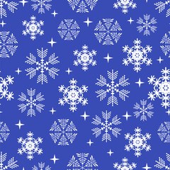 Seamless snowflake pattern. New Year snowflakes on a blue background. Christmas snowflakes. Vector illustration.