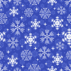 Seamless snowflake pattern. New Year snowflakes on a blue background. Christmas snowflakes. Vector illustration.