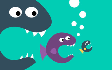 Big fish eating little fish, simple flat vector illustration in bright colors