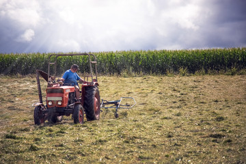 Fototapeta premium Mann wirbelt Heu auf den Feld auf