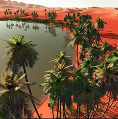 Fototapeta na wymiar Palm trees near oasis 3d illustration