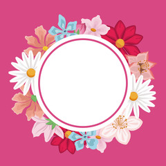 Obraz premium pink background with decorative circular border with colorful flowers around vector illustration