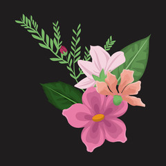 black background with decorative bouquet blossom and leaves vector illustration