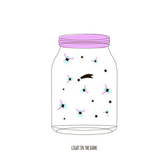 Fireflies flying in glass jar. Vector hand drawn illustration.