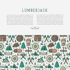 Logging and lumberjack with beard concept and related thin line icons: jack-plane, sawmill, forestry equipment, timber, lumber. Vector illustration for banner, web page, print media.