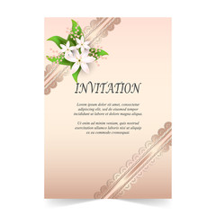 Wedding card, Invitation card with ornamental and flora bouquet on rose quartz color background