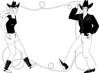 Couple dressed in traditional country western clothes dancing line dance, lasso frame on the background, EPS 8 vector line illustration, no white objects, black only