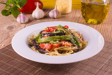Vegetarian Spaghetti with eggplant and zucchini