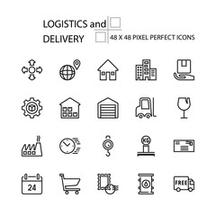 LOGISTICS and DELIVERY vector illustration thin line 48x48 Pixel Perfect 20 icon set for business, customer, transport, logistics, distribution, finance, information, shipment, parcel. Editable Stroke