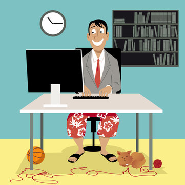 Man in a business suit coat and swim shorts sitting in front of a computer, having a video job interview or working from home, EPS 8 vector illustration
