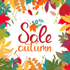 Fototapeta na wymiar Sales banner with multicolor autumn leaves. Vector