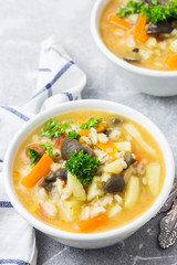 Chicken, mushroom barley soup. Selective focus, space for text.