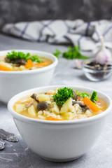 Healthy vegetable, mushroom, barley soup. Selective focus, space for text.