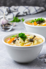 Vegan mushroom barley soup on concrete background. Selective focus, space for text.