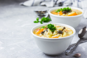 Slow cooker mushroom barley soup. Selective focus, space for text.