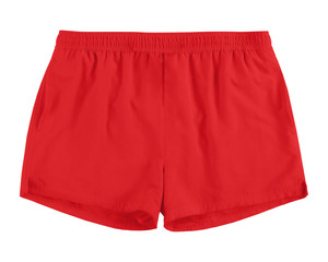Men red swim sport beach shorts trunks isolated on white