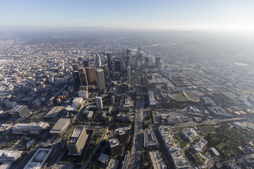 Aerial view down the Harbor 110 Freeway in downtown Los Angeles, California.  