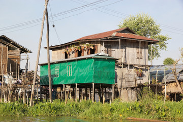 Traditional wooden stilt houses on the Lake Inle Myanmar