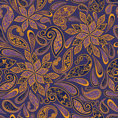 Abstract vintage pattern with decorative flowers, leaves and Paisley pattern in Oriental style.
