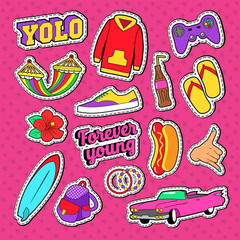 Teenage Fashion Stickers, Badges and Patches with Pink Car, Hands and Accessories. Vector illustration