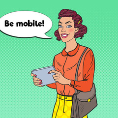 Pop Art Young Woman Using Digital Tablet. Girl with Mobile Gadget. Vector illustration