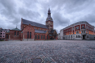 Obraz premium View of the Cathedral Square in the old town. Riga. Latvia. Riga Dome Cathedral and Bank building.