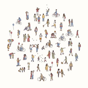 Round circle with tiny people: pedestrians in the street, a diverse collection of small hand drawn men and women walking through the city