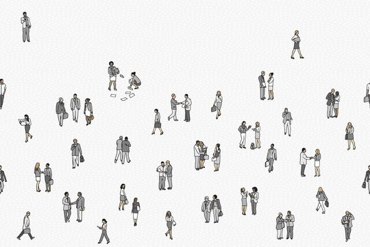 Illustration of tiny businesspeople: a diverse collection of small hand drawn men and women in business suits, small office workers walking through the city, seamless banner, can be tiled horizontally