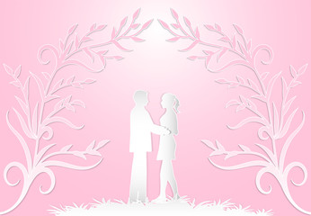 Fototapeta na wymiar Love Couple on pink background paper art style illustration.