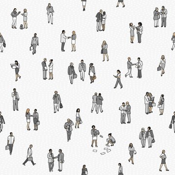 Seamless pattern of tiny business people: a diverse collection of small hand drawn men and women in business suits, small office workers walking through the city 