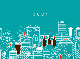 Beer tap, mug, glass with dark beer, kegs, bottles, equipment for brewery, hops, wheat. A unique design with a linear pattern on a blue background. Vector illustration.