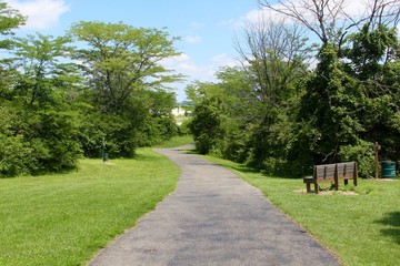 The sidewalk in the park on a sunny day. 