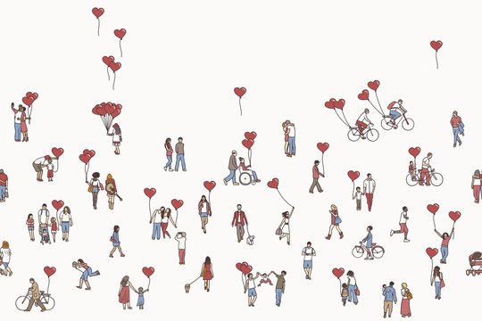 Love is all around - illustration of tiny people holding red, heart shaped balloons. A diverse collection of small hand drawn men, women and kids. Seamless banner, can be tiled horizontally