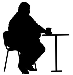 Fat man sitting vector silhouette isolated on white background. Over weight person drinking in restaurant.