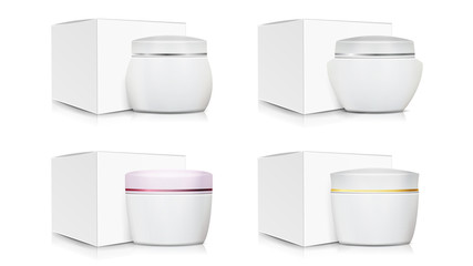 Cream Jar Packaging Template Set Vector. White Paper Or Cardboard Box. Organic Product Design. Blank Cosmetic Jars. Natural Cosmetics Packaging Illustration.