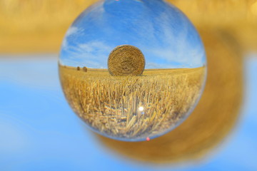 Straw roll in harvested field seen through crystal ball