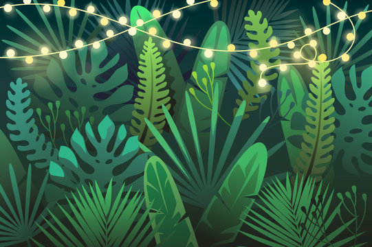 Dark tropical background with garland. vector illustration