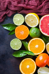 Citrus fruits background. Orange, grapefruit, tangerine, lime, lemon vitamin