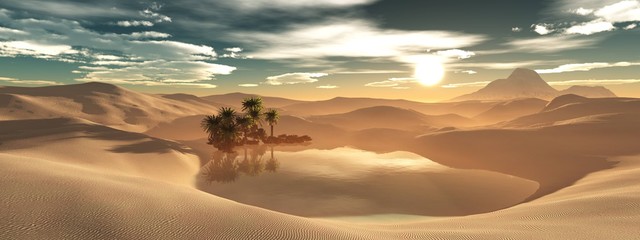 Beautiful oasis in the sandy desert, panorama of the desert landscape, sunset over the sands, 3D rendering - obrazy, fototapety, plakaty