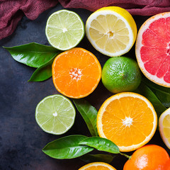 Fototapeta na wymiar Citrus fruits background. Orange, grapefruit, tangerine, lime, lemon vitamin