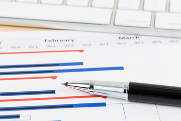 Project management and gantt chart with keyboard and pen