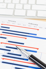Project management and gantt chart with keyboard and pen