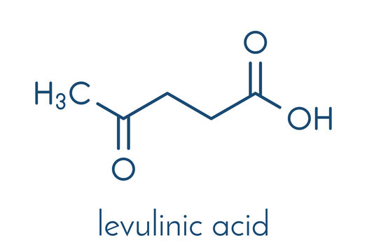 Levulinic acid molecule. Made by degradation of cellulose, potential precursor to biofuels. Skeletal formula.