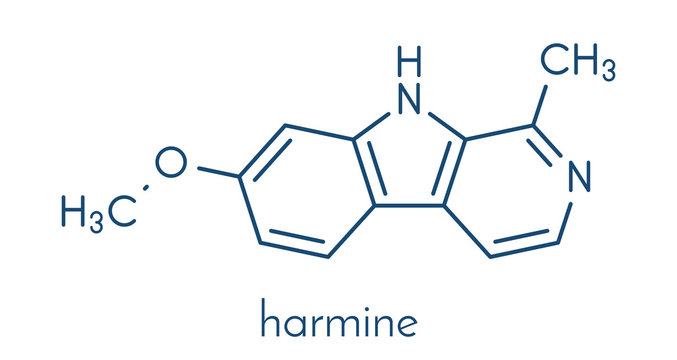 Harmine alkaloid molecule. Herbal inhibitor of monoamine oxidase A. (MAO-A). Skeletal formula.