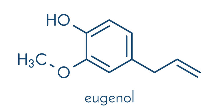 Eugenol herbal essential oil molecule. Present in cloves, nutmeg, etc. Skeletal formula.