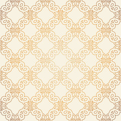 Vector seamless pattern with line art ornament and golden gradient . Retro background for design in vintage style. Ornamental lace. Ornate floral decor for wallpaper. Endless texture. 