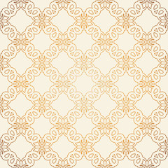 Vector seamless pattern with line art ornament and golden gradient . Retro background for design in vintage style. Ornamental lace. Ornate floral decor for wallpaper. Endless texture. 