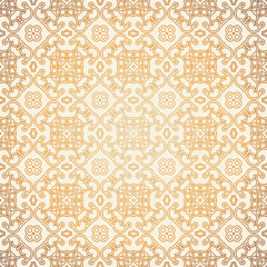 Vector seamless pattern with line art ornament and golden gradient . Retro background for design in vintage style. Ornamental lace. Ornate floral decor for wallpaper. Endless texture. 