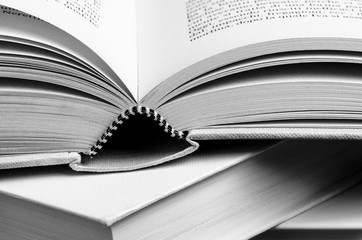 close up of an open book, still life with an open book.  education. culture. black and white